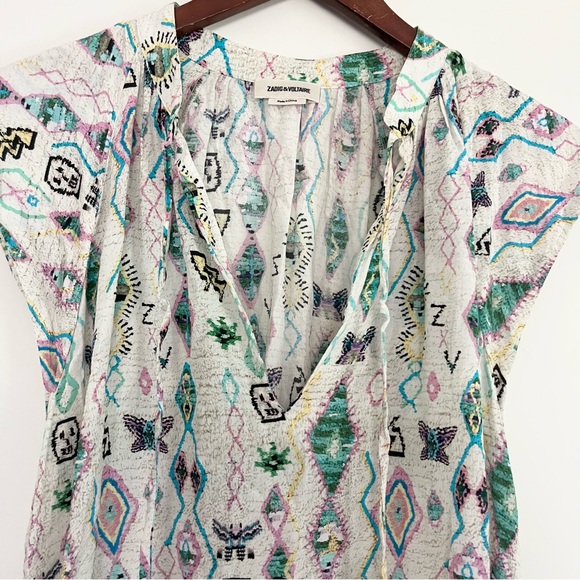 Zadig & Voltaire Tito Kilim Blouse Top Size Large Sleeveless Cap Sleeve Bohemian - Picture 4 of 7